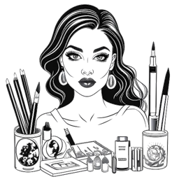 Dibujo de arte lineal de una mujer que representa a Kylie Jenner, rodeada de productos de cosmética, incluyendo barras de labios, paletas de sombras de ojos y brochas de maquillaje. Sostiene una brocha de maquillaje en una mano y un tubo de lápiz labial en la otra, simbolizando la diversa gama de productos ofrecidos por Kylie Cosmetics. La imagen es en blanco y negro sobre un fondo blanco.