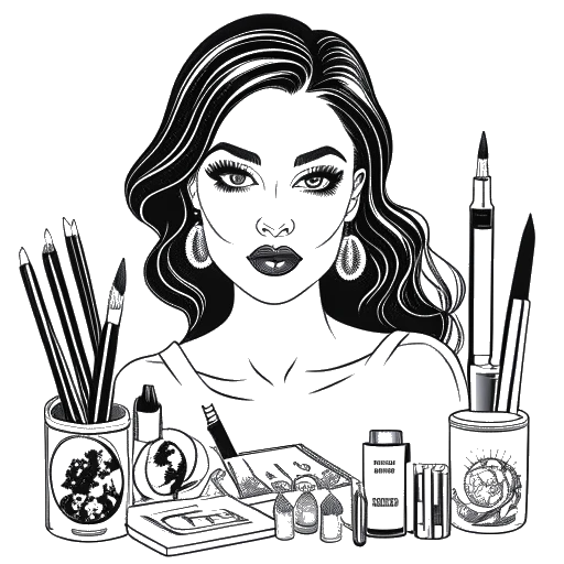 Line art drawing of a woman representing Kylie Jenner, surrounded by cosmetics products, including lipsticks, eyeshadow palettes, and makeup brushes. She is holding a makeup brush in one hand and a lipstick tube in the other, symbolizing the diverse range of products offered by Kylie Cosmetics. The image is in black and white against a white background.