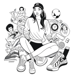 Line drawing of a woman, representing Kylie Jenner, surrounded by logos of brands like PUMA, Beats by Dre, and Adidas, in a confident pose, demonstrating her collaborations and icon status, on a white background.