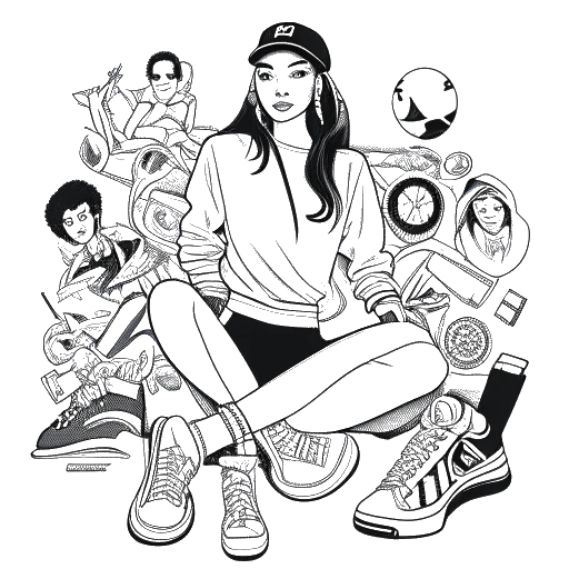 Line art drawing of a woman representing Kylie Jenner, surrounded by logos of various fashion and beauty brands, including PUMA, Beats by Dre, and Adidas. She is striking a confident pose, symbolizing her status as a sought-after collaborator and fashion and beauty icon. The image is in black and white against a white background.