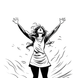 Line art drawing of a woman representing Kylie Jenner, standing strong amidst a storm. She is also shown reaching out to help others, represented by outstretched hands, symbolizing her ability to overcome controversies and challenges, as well as her philanthropic efforts. The image is in black and white against a white background.