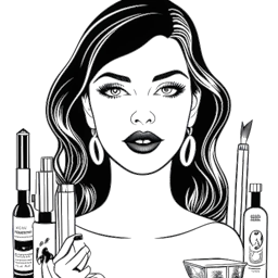 Dibujo de arte lineal de una mujer que representa a Kylie Jenner, con cabello oscuro y un maquillaje glamoroso, sosteniendo un tubo de lápiz labial. Está rodeada de signos de dólar y productos de belleza, simbolizando su éxito en la industria de la cosmética. La imagen es en blanco y negro sobre un fondo blanco.