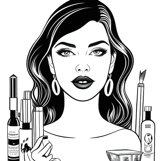 Desenho em arte linear de uma mulher representando Kylie Jenner, com cabelos escuros e maquiagem glamourosa, segurando um tubo de batom. Ela está cercada por cifrões e produtos de beleza, simbolizando seu sucesso na indústria de cosméticos. A imagem é em preto e branco em fundo branco.