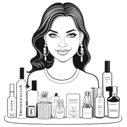 Line drawing of a woman, representing Kylie Jenner, holding a trophy and surrounded by skincare products like cleansers, moisturizers, and face masks, symbolizing her Forbes' Celebrity 100 recognition and Kylie Skin's success, against a white background.
