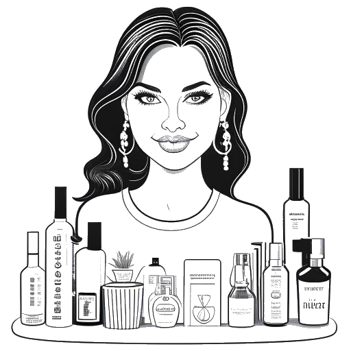 Line art drawing of a woman representing Kylie Jenner, holding a trophy and surrounded by skincare products, including cleansers, moisturizers, and face masks. The trophy represents Kylie's recognition on Forbes' Celebrity 100 list, while the skincare products symbolize the success of Kylie Skin. The image is in black and white against a white background.
