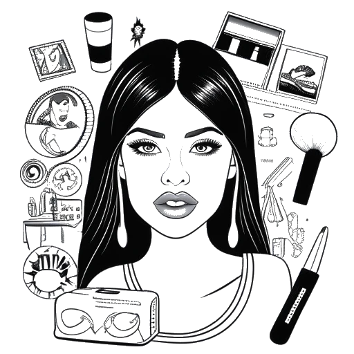 Desenho de arte de linha de uma mulher, representando Kylie Jenner, cercada por ícones simbolizando suas fontes de renda, como produtos de maquiagem, itens de cuidados com a pele, endossos, colaborações e aparições em reality shows, tudo em um fundo branco.