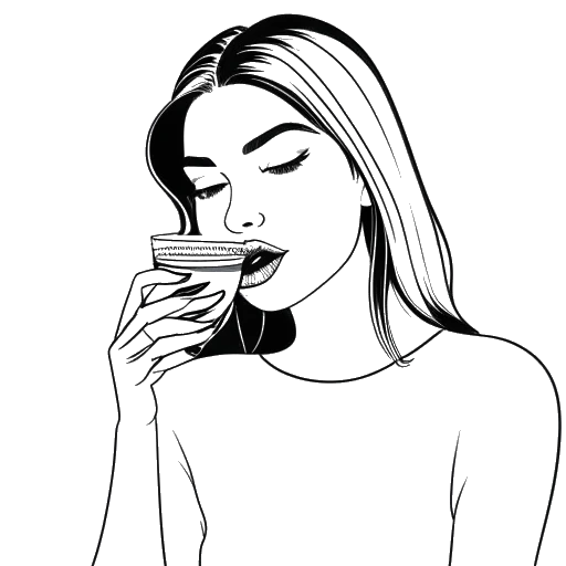 Disegno in stile line art di una donna, rappresentante Kylie Jenner, che mangia torta al caffè