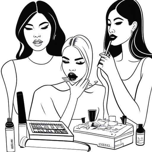 Desenho em arte linear de mulheres, representando Kylie Jenner e suas colaboradoras, trabalhando em cosméticos