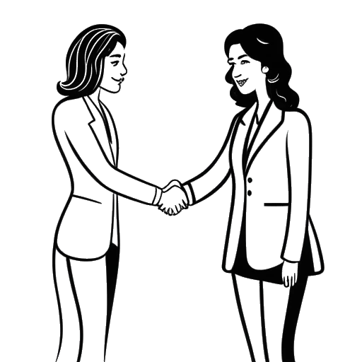 Dibujo de arte lineal de una mujer, representando a Kylie Jenner, estrechando la mano con un socio comercial