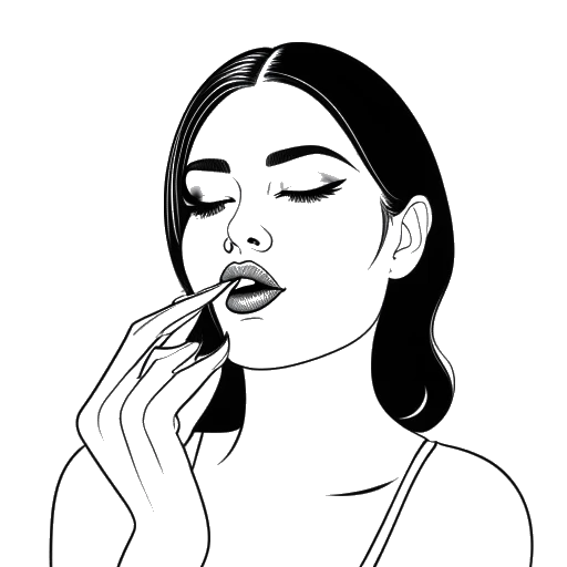 Lijnkunsttekening van een vrouw, die Kylie Jenner vertegenwoordigt, die lippenstift aanbrengt