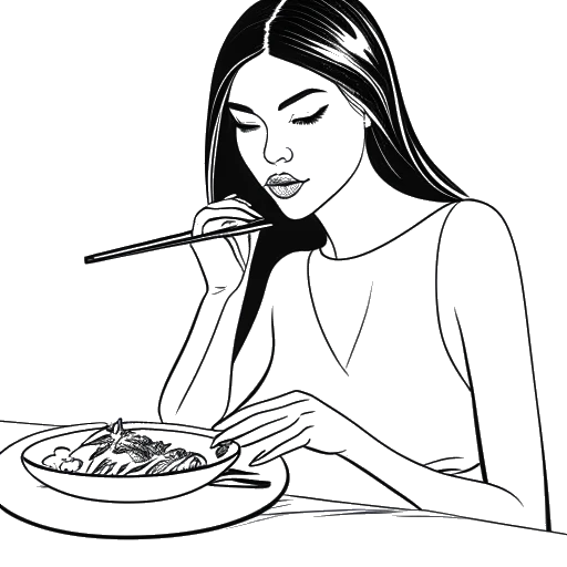 Lijnkunsttekening van een vrouw, die Kylie Jenner vertegenwoordigt, dinerend bij Nobu