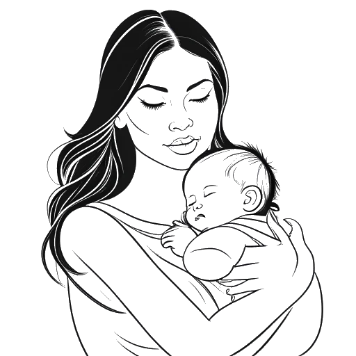Line art drawing of a woman, representing Kylie Jenner, holding a baby