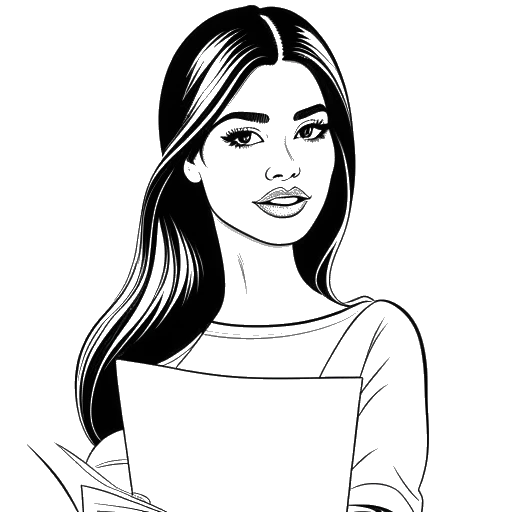 Disegno in stile line art di una giovane donna, rappresentante Kylie Jenner, che tiene in mano la copertina di una rivista Forbes