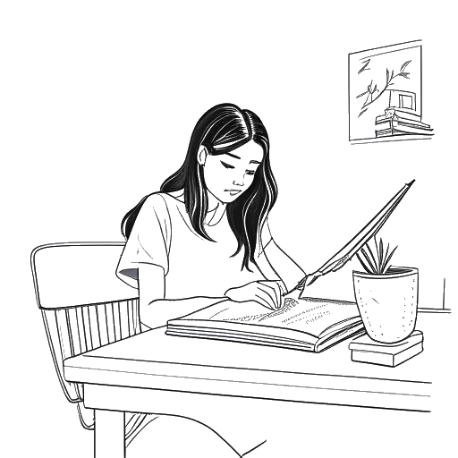 Desenho em arte linear de uma jovem, representando Kylie Jenner, estudando em casa
