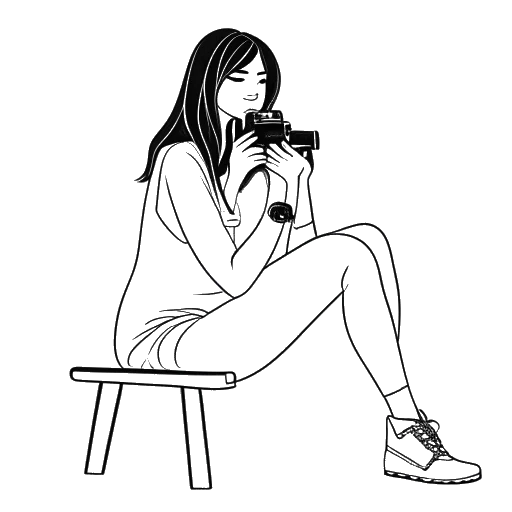 Desenho em arte linear de uma mulher, representando Kylie Jenner, sentada em frente a uma câmera