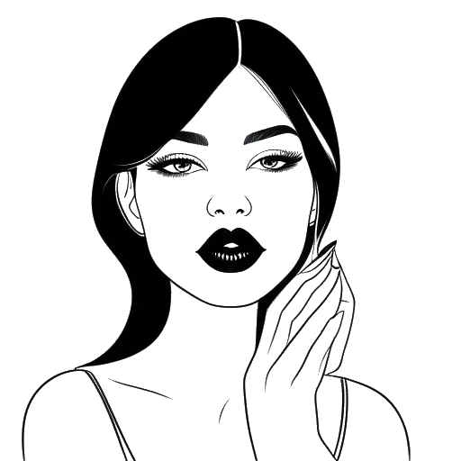 Dibujo de arte lineal de una mujer, representando a Kylie Jenner, sosteniendo un lápiz labial