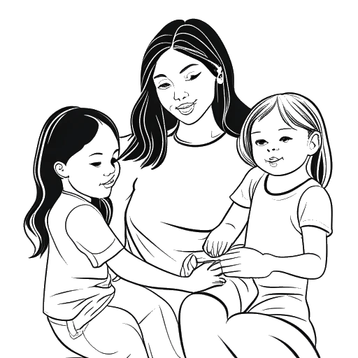 Line art drawing of a woman, representing Kylie Jenner, supporting children