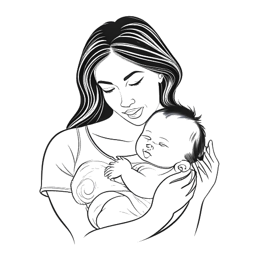 Lijnkunsttekening van een vrouw, die Kylie Jenner vertegenwoordigt, die een babyjongen vasthoudt