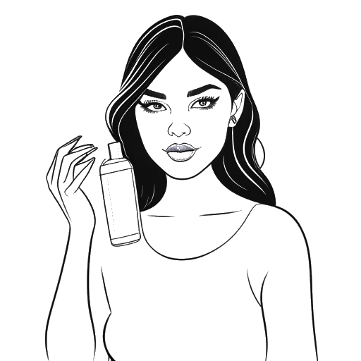 Lijnkunsttekening van een vrouw, die Kylie Jenner vertegenwoordigt, die huidverzorgingsproducten vasthoudt