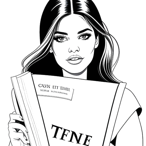 Dibujo de arte lineal de una joven, representando a Kylie Jenner, sosteniendo una portada de la revista Time