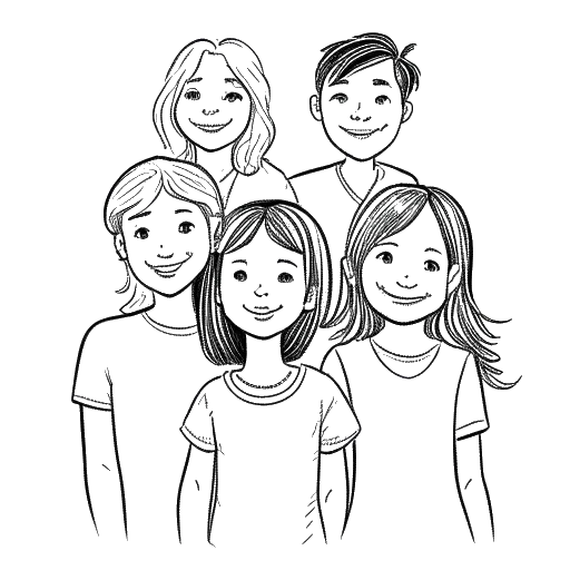 Line art drawing of Kylie Jenner, the youngest sibling, with her family