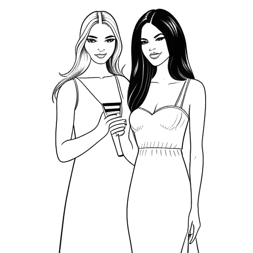 Line art drawing of two sisters, representing Kylie and Kendall Jenner, co-hosting an award show