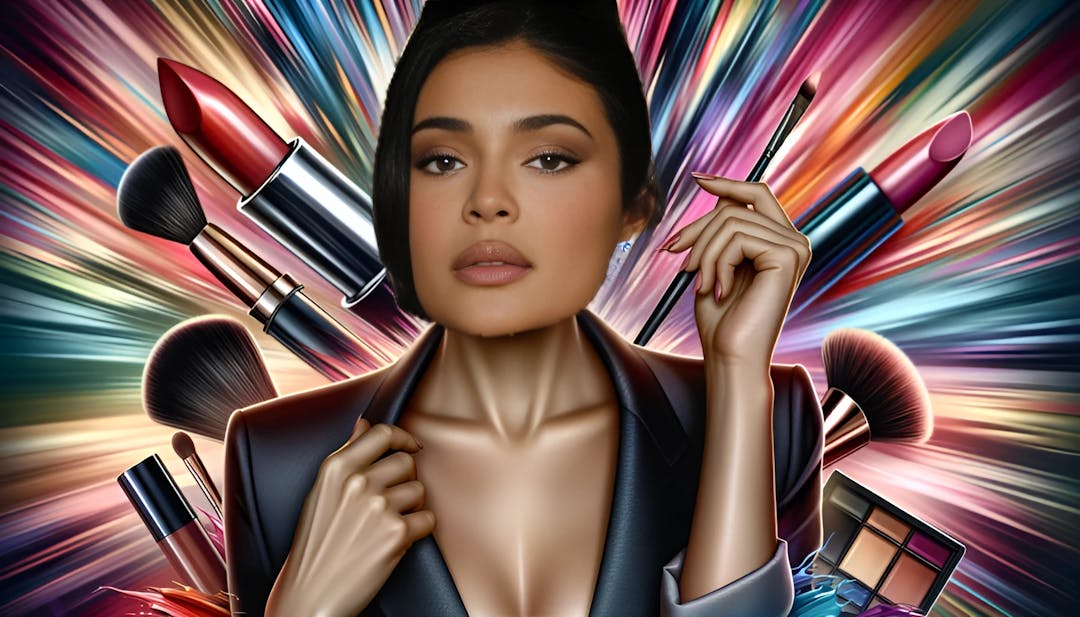 Kylie Jenner, uma mulher confiante e estilosa, olha diretamente para a câmera, mostrando sua pele de tom médio e sua forma física esbelta. O fundo vibrante destaca sua bem-sucedida marca de cosméticos, enquanto sua roupa fashion exala elegância e modernidade.