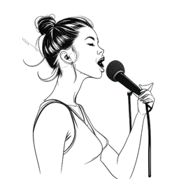 Line art drawing of a woman, representing Ariana Grande, with a high ponytail singing into a microphone surrounded by musical notes, on a white background