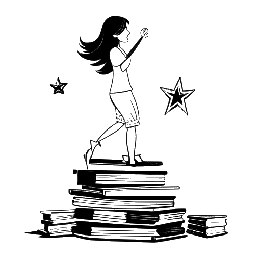 Line art drawing of a petite woman, representing Ariana Grande, with her iconic high ponytail standing on a pile of music records reaching for a star in the sky, all presented against a white background