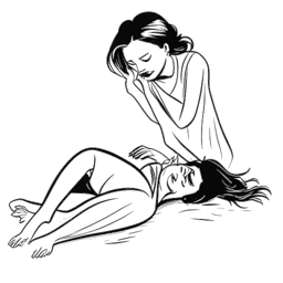Line art drawing of a woman, representing Ariana Grande, with a flowing ponytail helping a fallen and injured woman, symbolizing her support for the victims and families of the Manchester Attack, against a white background
