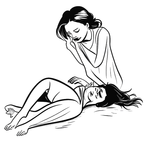 Line art drawing of a woman, representing Ariana Grande, with a flowing ponytail helping a fallen and injured woman, symbolizing her support for the victims and families of the Manchester Attack, against a white background