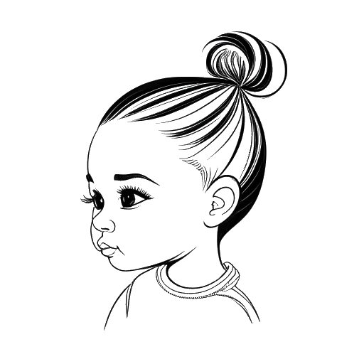 Lijntekening van een babymeisje, voorstellende Ariana Grande, met een hoge paardenstaart, omringd door muzieknoten en een omtrek van de staat Florida.