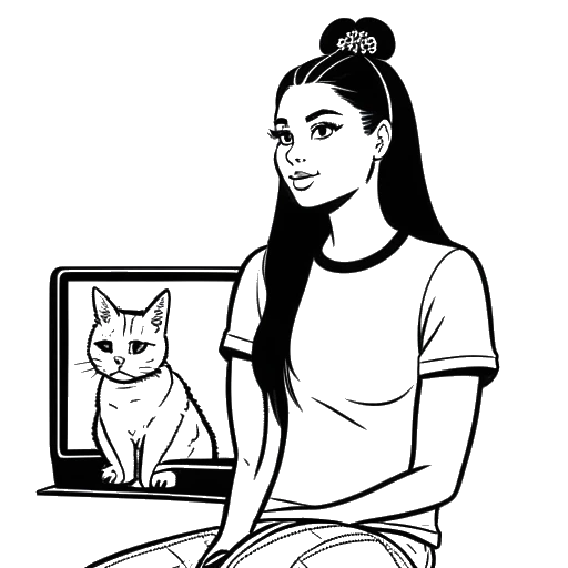 Dibujo de línea de una joven, representando a Ariana Grande, con una cola de caballo alta, vistiendo una camiseta roja, sosteniendo un gato y parada frente a una pantalla de televisión que muestra el logo de Nickelodeon.