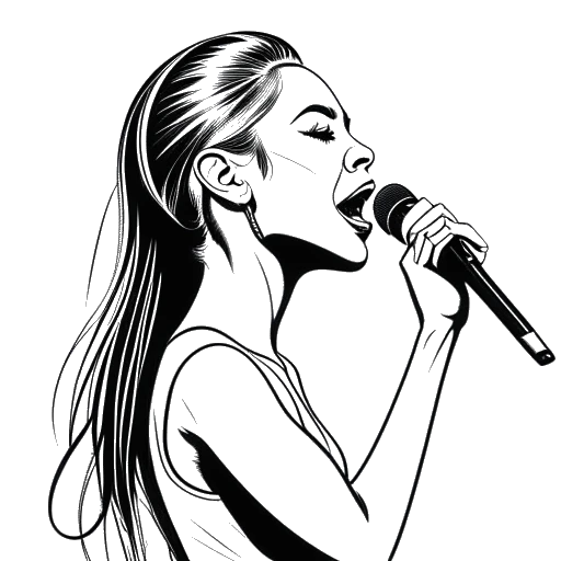 Lijntekening van een vrouw die Ariana Grande voorstelt, met een hoge paardenstaart, zingend in een microfoon met vier muzieknoten van verschillende hoogte boven haar.