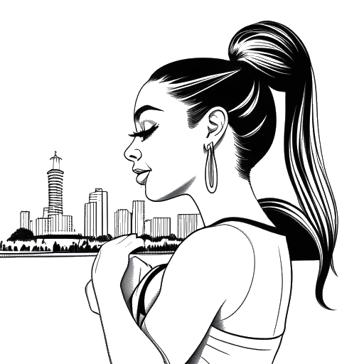 Lijntekening van een vrouw die Ariana Grande voorstelt, met een hoge paardenstaart, die een hart met een lint vasthoudt en de skyline van Manchester op de achtergrond.