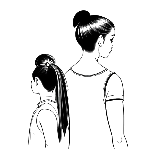 Lijntekening van een jong meisje, voorstellende Ariana Grande, met een hoge paardenstaart, staand tussen twee volwassenen die van elkaar wegkijken.