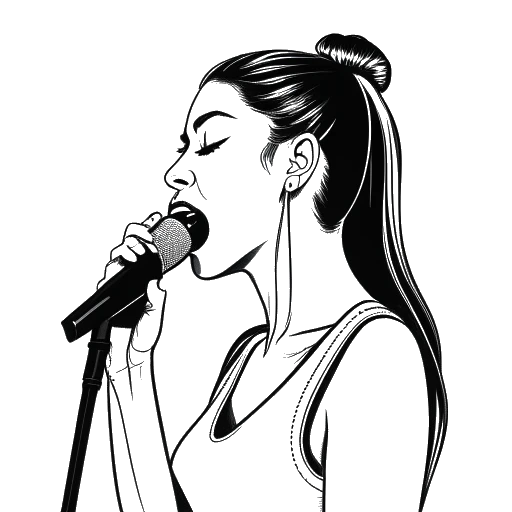 Lijntekening van een jonge vrouw die Ariana Grande voorstelt, met een hoge paardenstaart, zingend in een microfoon en met een Republic Records-logo in haar hand.