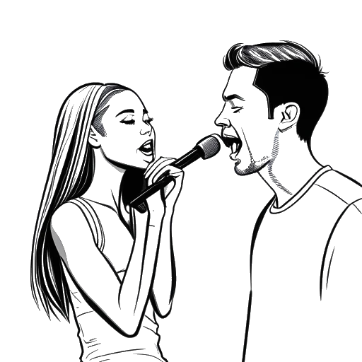 Lijntekening van een tienermeisje, voorstellende Ariana Grande, met een hoge paardenstaart, zingend in een microfoon terwijl een man vlakbij staat.