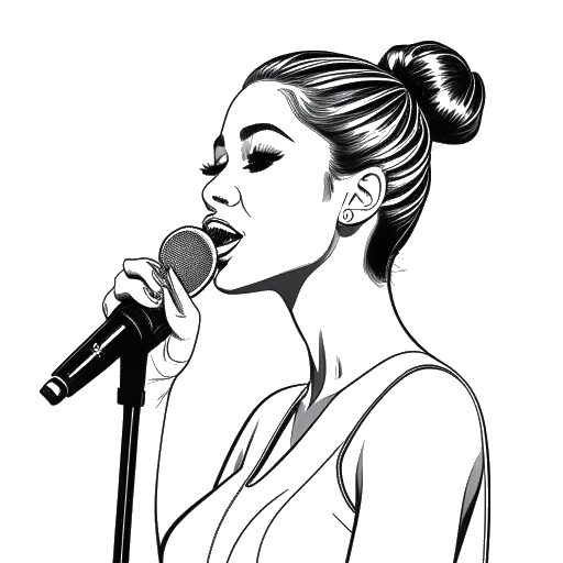 Lijntekening van een jonge vrouw die Ariana Grande voorstelt, met een hoge paardenstaart, een microfoon in de hand en een albumhoes van 'Yours Truly'.