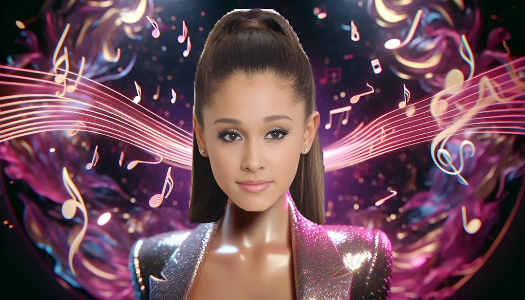 Ariana Grande-Butera con la cabeza rapada estilizada como un ícono del pop, con maquillaje glamour y un traje de lentejuelas, frente a un fondo musical abstracto con remolinos rosados ​​y dorados.