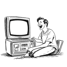 Strichzeichnung eines jungen Mannes, der Inscope21 (Nico Lazaridis) darstellt, lachend, während er Wrestling auf einem Retro-Fernseher schaut. Um ihn herum sind Videoaufnahmegeräte symbolisiert, die seine Leidenschaft für die Inhalteerstellung darstellen, alles auf einem weißen Hintergrund.