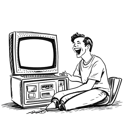 Strichzeichnung eines jungen Mannes, der Inscope21 (Nico Lazaridis) darstellt, lachend, während er Wrestling auf einem Retro-Fernseher schaut. Um ihn herum sind Videoaufnahmegeräte symbolisiert, die seine Leidenschaft für die Inhalteerstellung darstellen, alles auf einem weißen Hintergrund.