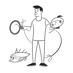 Strichzeichnung eines Mannes, der Inscope21 (Nico Lazaridis) in Bürokleidung darstellt, eine animierte Figur synchronisierend und einen Fisch haltend, der inmitten von Symbolen von Fitnessgeräten und einem Mode-T-Shirt dargestellt ist, alles gegen einen weißen Hintergrund.