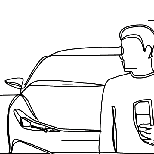 Einzeilige Illustration eines Mannes, der Inscope21 (Nicolas Lazaridis) repräsentiert und ein schnelles Auto mit einem Strafzettel in der Hand betrachtet, alles vor einem weißen Hintergrund.