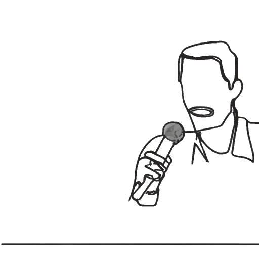Zeichnung eines Mannes, der Inscope21 (Nicolas Lazaridis) symbolisiert und in ein Mikrofon spricht, während im Hintergrund eine Cartoonfigur auf einem Bildschirm zu sehen ist, vor einem weißen Hintergrund.