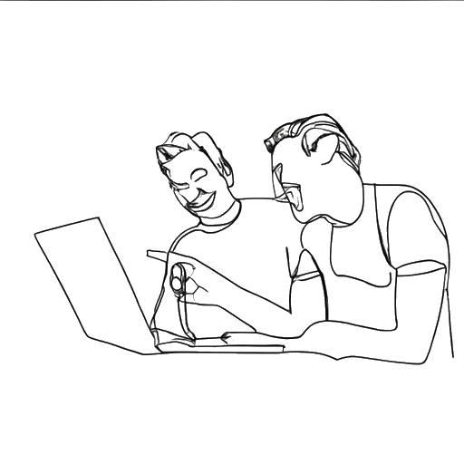 Illustration von zwei Männern, einer davon Inscope21 (Nicolas Lazaridis), die lachend auf einen Laptop-Bildschirm zeigen, vor einem weißen Hintergrund.