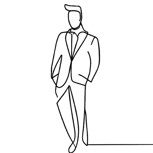 Strichzeichnung eines Mannes, der Inscope21 (Nicolas Lazaridis) darstellt, der im Anzug vor einem Firmenlogo steht, auf einem weißen Hintergrund.