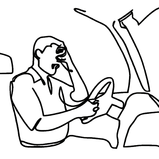 Strichzeichnung eines frustrierten Mannes, der Inscope21 (Nicolas Lazaridis) illustriert und ein fehlgeschlagenes Papier der Fahrprüfung in einem Auto zerknüllt, vor einem weißen Hintergrund.