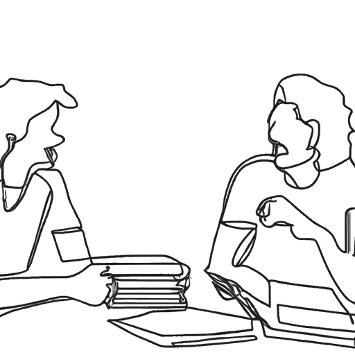 Zeichnung von zwei Teenagern, einer davon Inscope21 (Nicolas Lazaridis), die sich in einem Klassenzimmer unterhalten, umgeben von Lehrbüchern, dargestellt vor einem weißen Hintergrund.