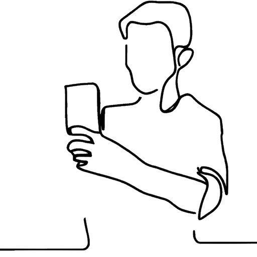 Strichzeichnung eines Mannes, der Inscope21 (Nicolas Lazaridis) darstellt, der ein Video mit seinem Handy vor einem weißen Hintergrund aufnimmt.